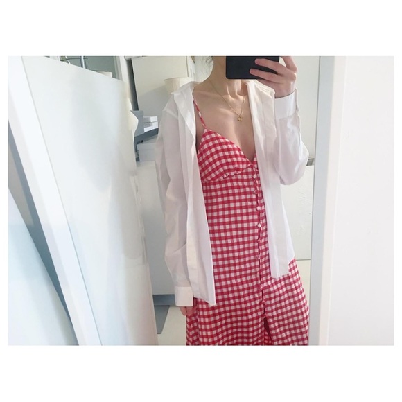 ZARA Red White Gingham Check Midi Dress L Drawstring Tie Back Sleeveless Casual - Picture 3 of 11